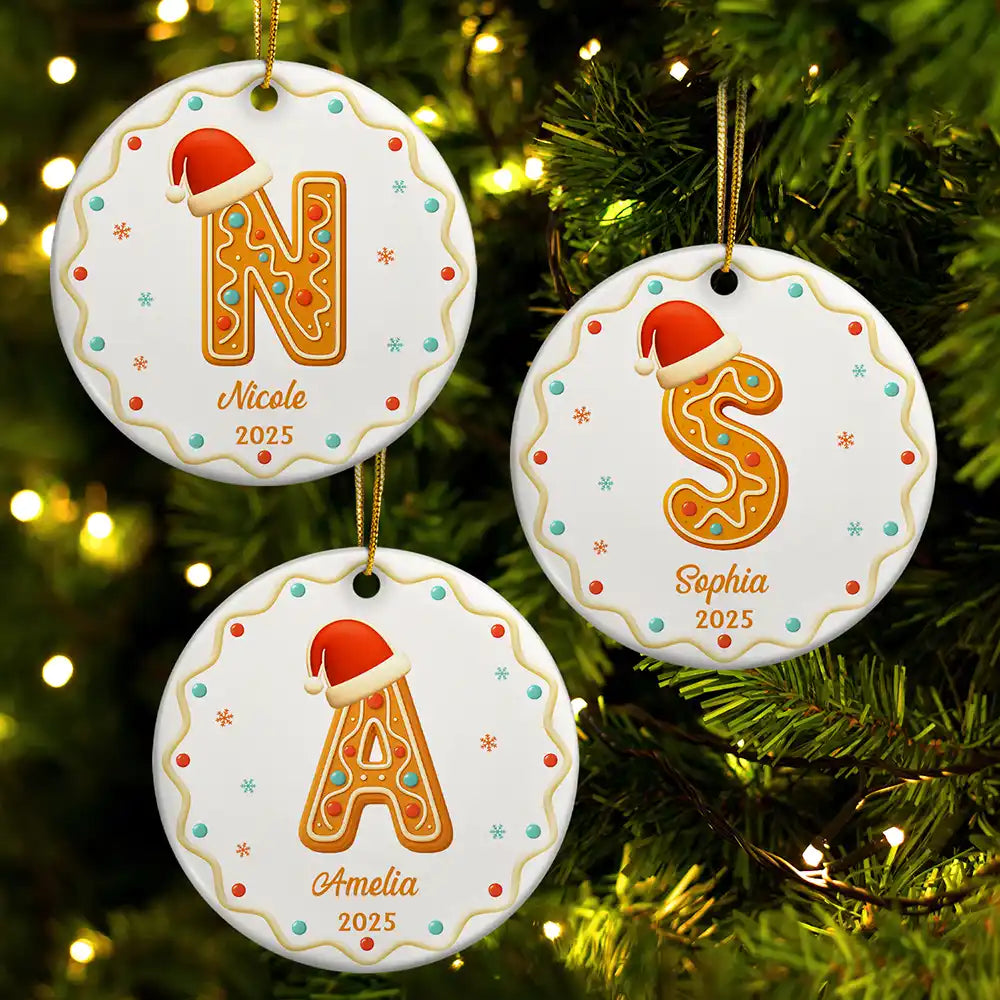 Gingerbread Letters With Santa Hat 2025 - Personalized Circle Ceramic Ornament