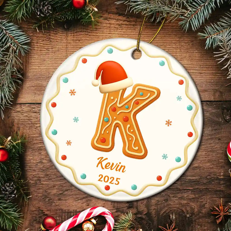 Christmas,Family,Non-Eng,Gift For Yourself - Gingerbread Letters With Santa Hat 2025 - Personalized Circle Ceramic Ornament