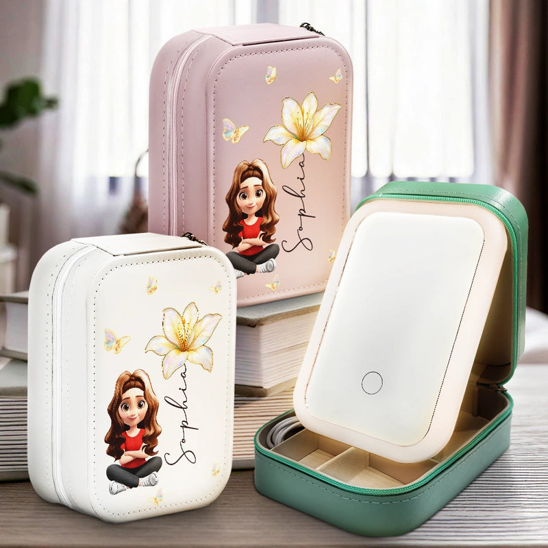 Gift For Women,Gift For Yourself,Top Market,Happy,Gift For Daughter - Girl With Birth Flower Nacre Effect - Personalized Makeup Box With LED Mirror