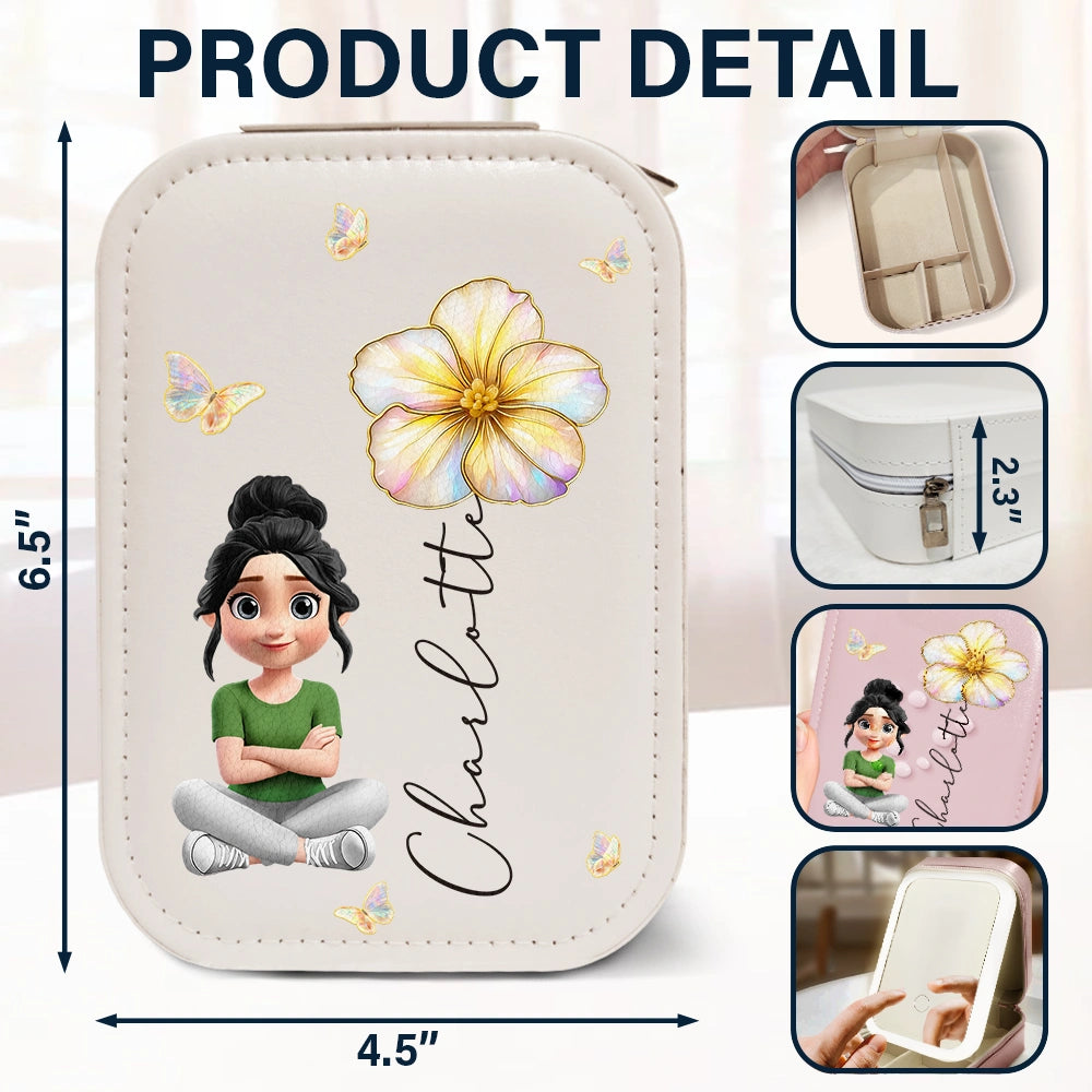 Gift For Women,Gift For Yourself,Top Market,Happy,Gift For Daughter - Girl With Birth Flower Nacre Effect - Personalized Makeup Box With LED Mirror