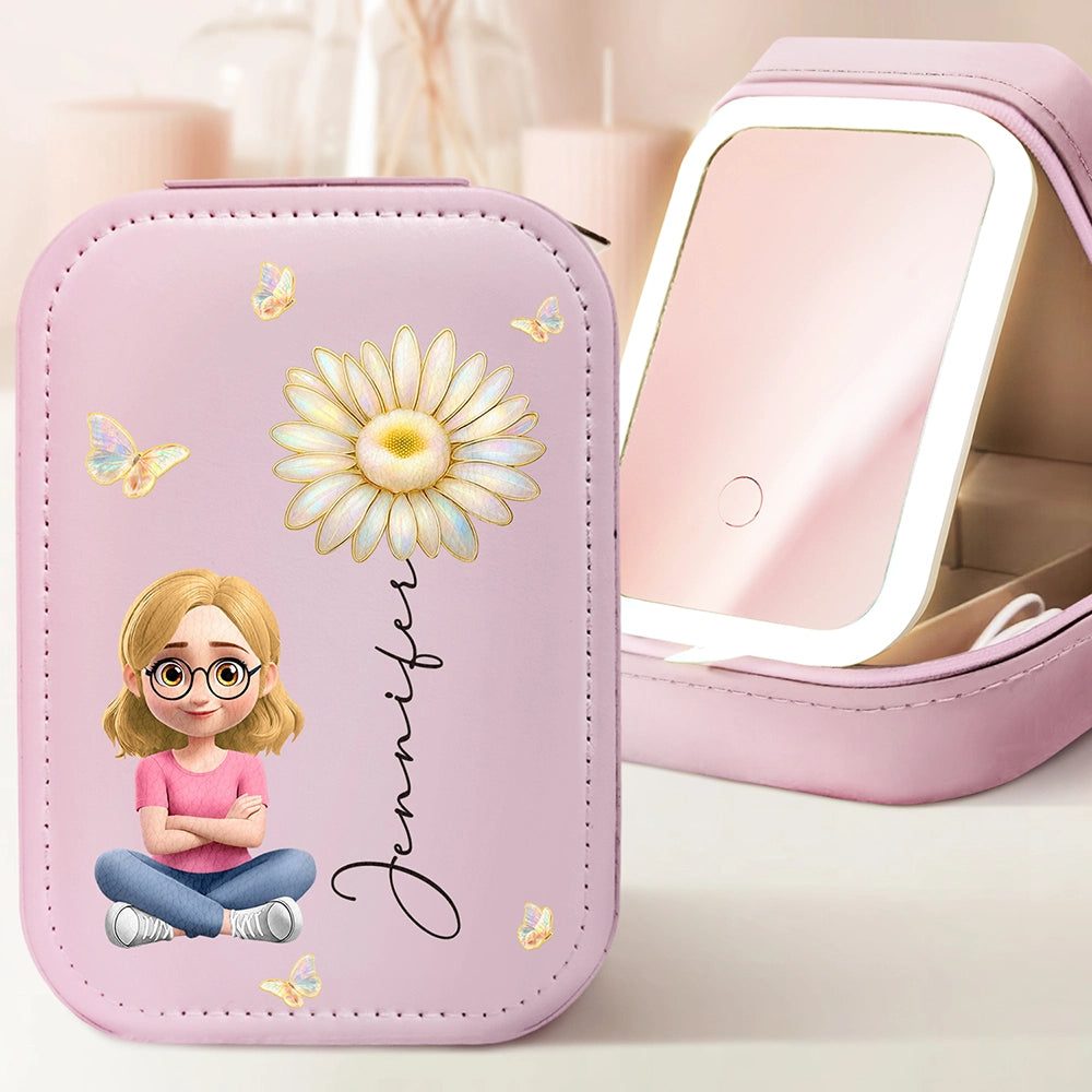 Girl With Birth Flower Nacre Effect - Personalized Makeup Box With LED Mirror