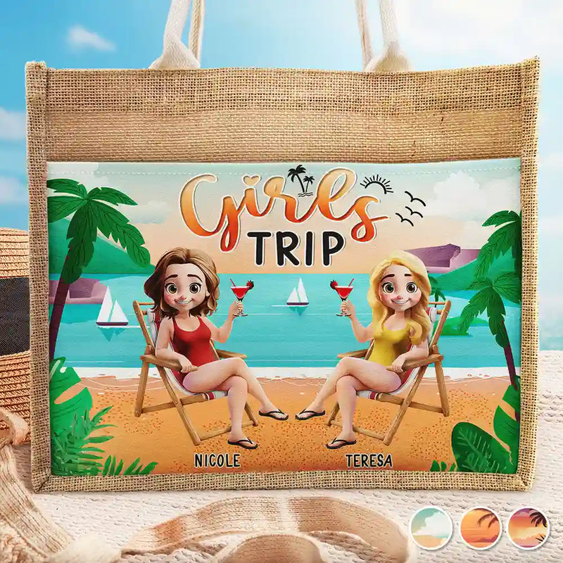 Gift For Women,Gift For Yourself,Gift For Bestie,Beach,Travel,Happy,Summer - Girls Trip - Personalized Jute Tote Bag