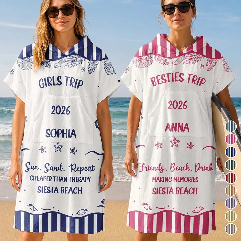Girls Besties Friends Trip Cheaper Than Therapy - Personalized Hooded Poncho Towel