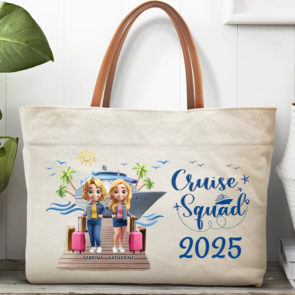 Summer,Beach,Cruising,Gift For Bestie,Happy - Girls Trip Bestie Traveling Cruising - Personalized Leather Handle Tote Bag