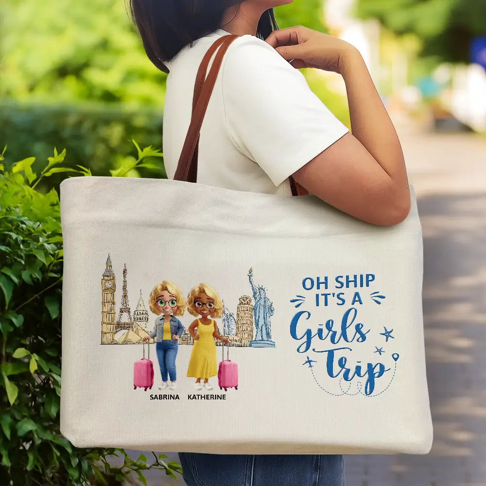 Summer,Beach,Cruising,Gift For Bestie,Happy - Girls Trip Bestie Traveling Cruising - Personalized Leather Handle Tote Bag