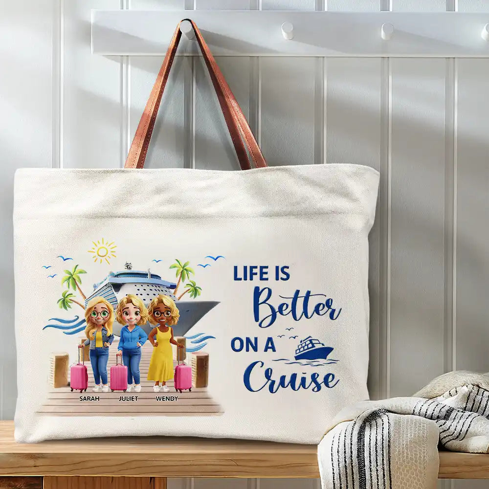 Summer,Beach,Cruising,Gift For Bestie,Happy - Girls Trip Bestie Traveling Cruising - Personalized Leather Handle Tote Bag