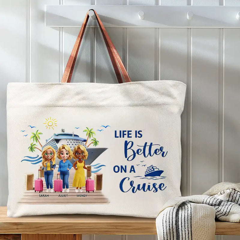 Summer,Beach,Cruising,Gift For Bestie,Happy - Girls Trip Bestie Traveling Cruising - Personalized Leather Handle Tote Bag