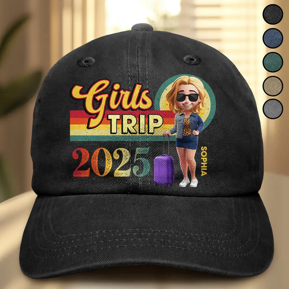 Girls Trip Besties Vacation Travel - Personalized Vintage Washed Denim Cap