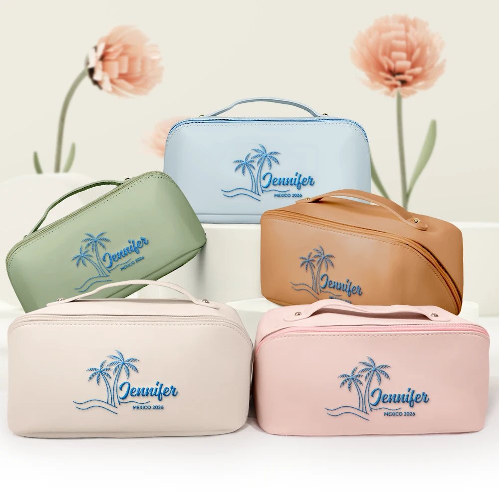 Gift For Women,Happy,Gift For Bestie,Travel,Beach - Girls Trip Palm Trees Beach - Personalized Embroidered Leather Makeup Bag