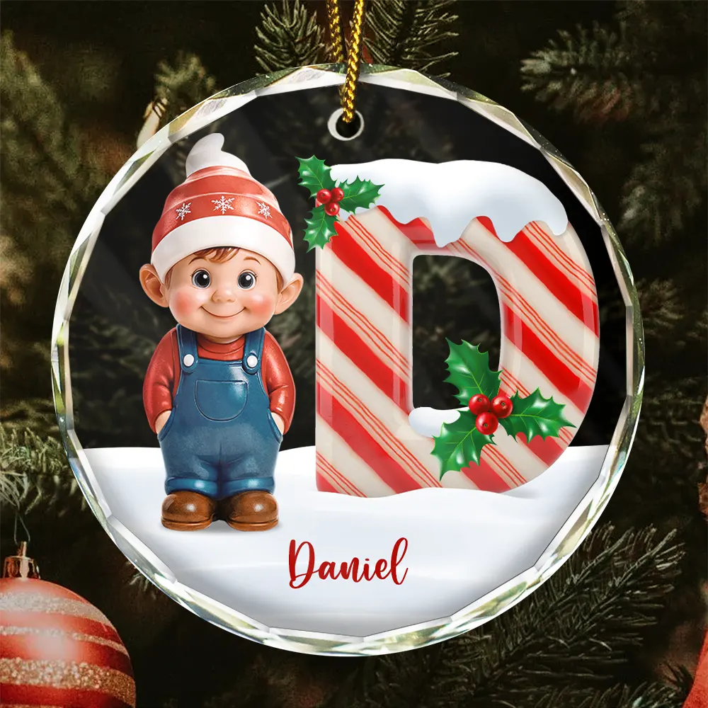 Gift For Kids, New baby, Happy, Christmas - Gnome Baby Christmas Candy Cane Letter - Personalized Circle Glass Ornament