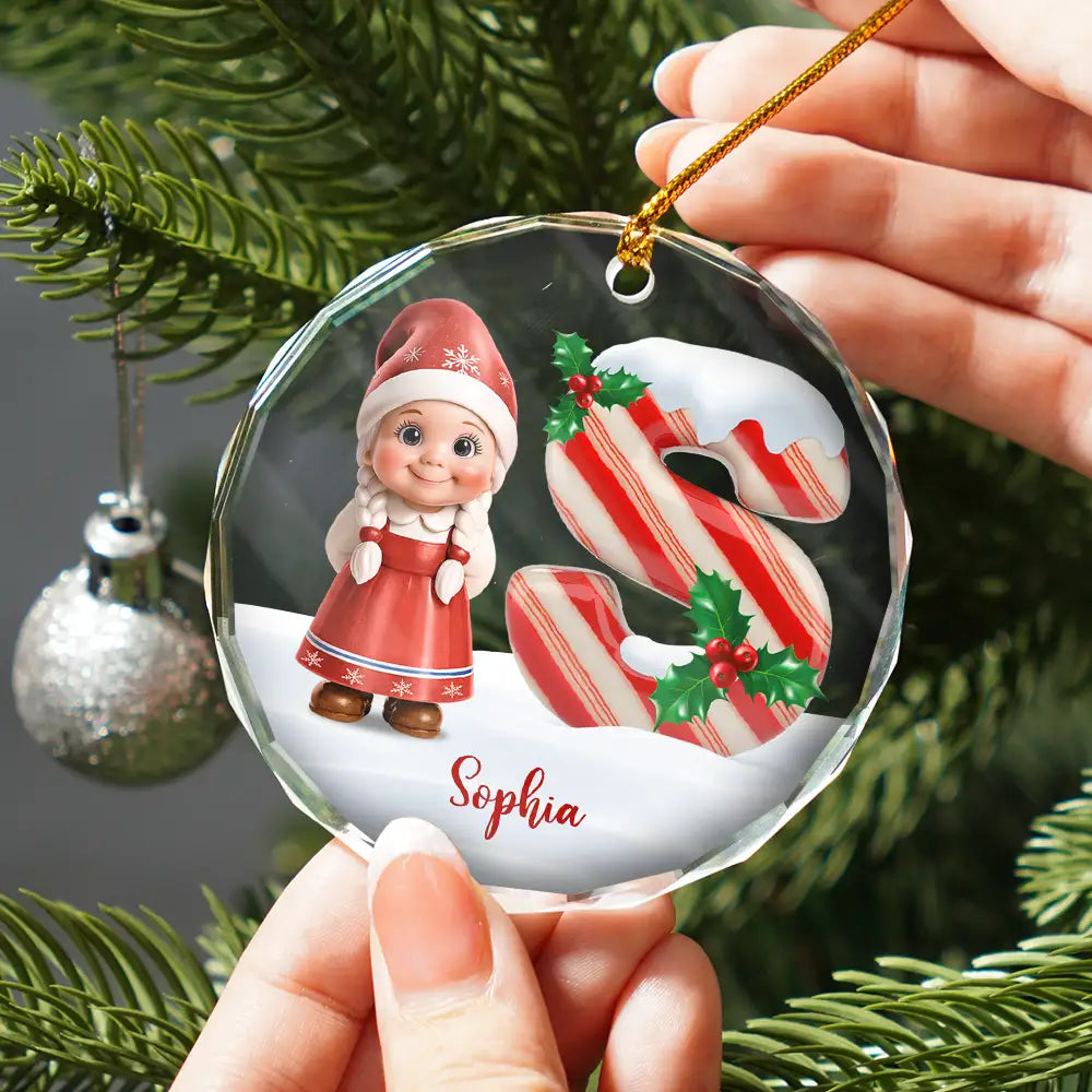 Gift For Kids, New baby, Happy, Christmas - Gnome Baby Christmas Candy Cane Letter - Personalized Circle Glass Ornament