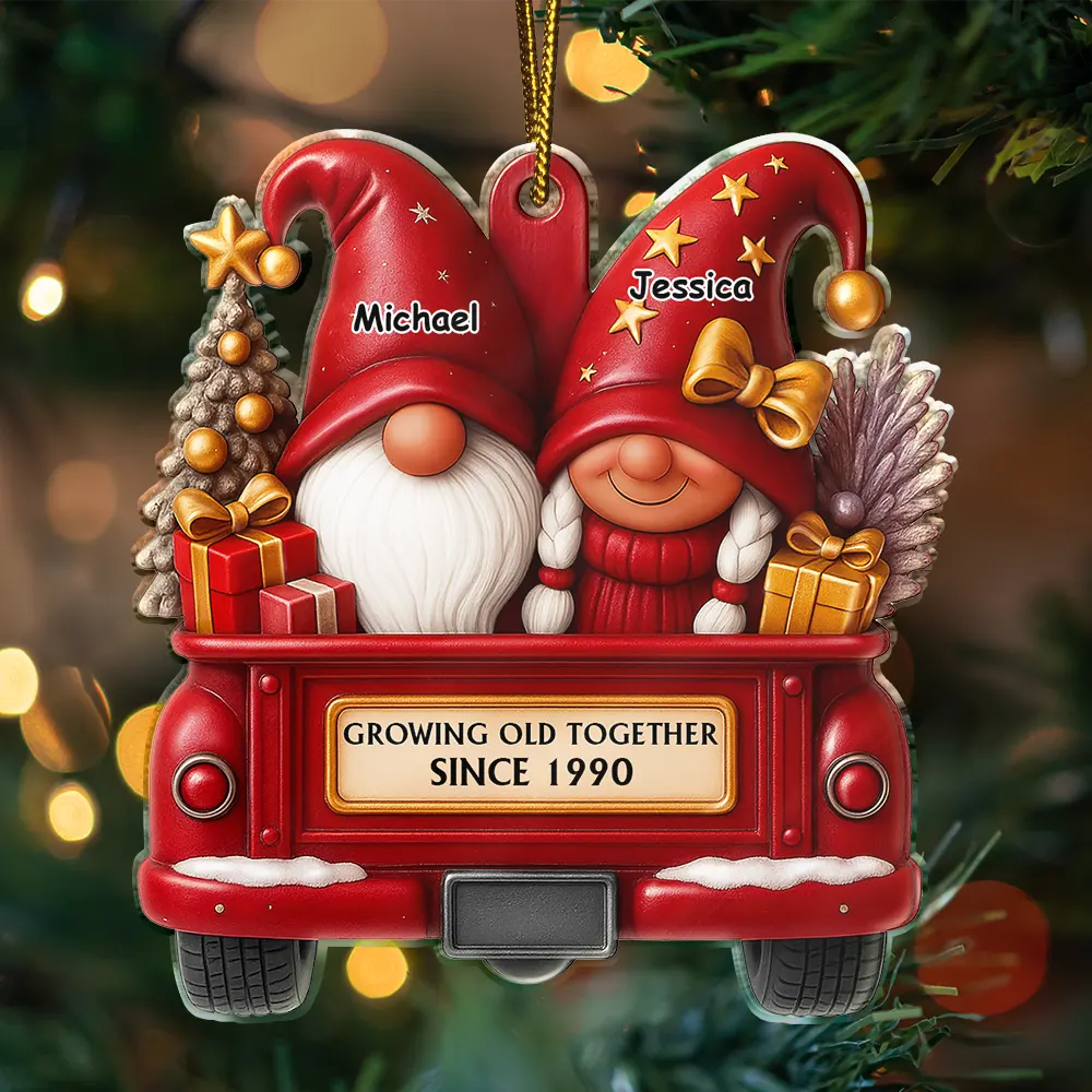 Gift For Couples,Old Couples,Gift For Husband,Gift For Wife,Gift For Boyfriend,Gift For Girlfriend,Christmas,Love - Gnomes Couple Growing Old Together - Personalized Custom Shaped Acrylic Ornament