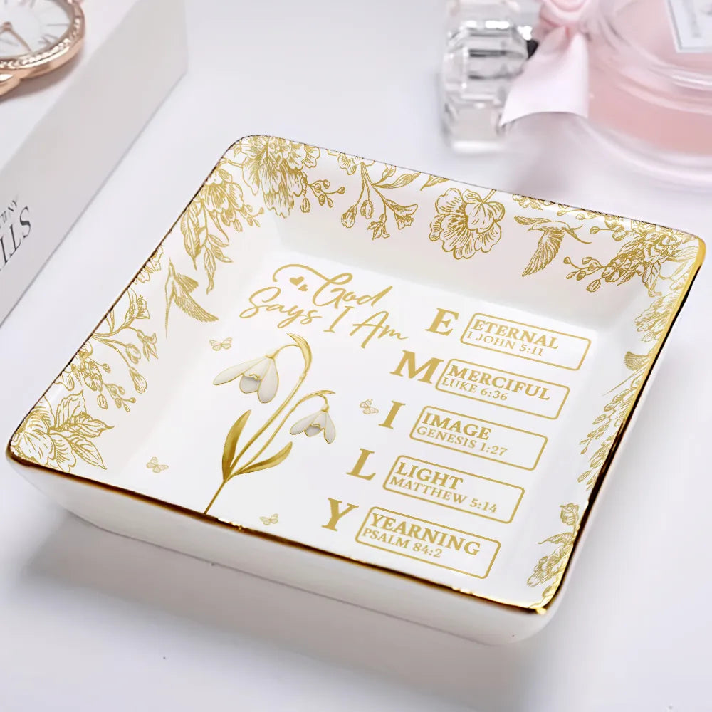 Gift For Yourself, Happy - God Says You Are Gold Birth Month Flower - Personalized Ring Dish