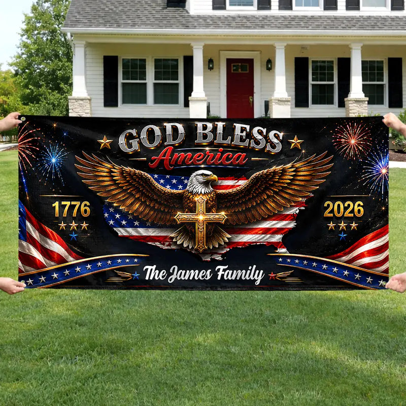 America 250th,Independence Day,Family,Proud,Custom Text - God Bless America - Personalized Horizontal Banner