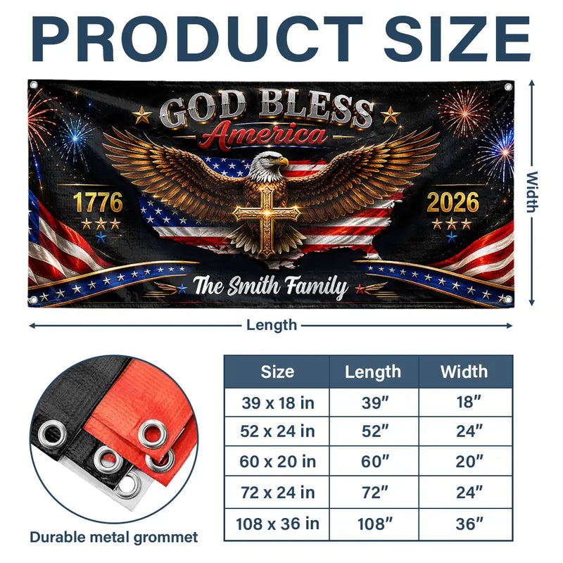 America 250th,Independence Day,Family,Proud,Custom Text - God Bless America - Personalized Horizontal Banner
