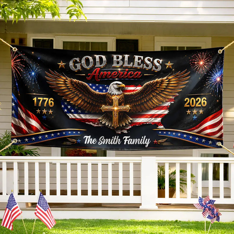 America 250th,Independence Day,Family,Proud,Custom Text - God Bless America - Personalized Horizontal Banner