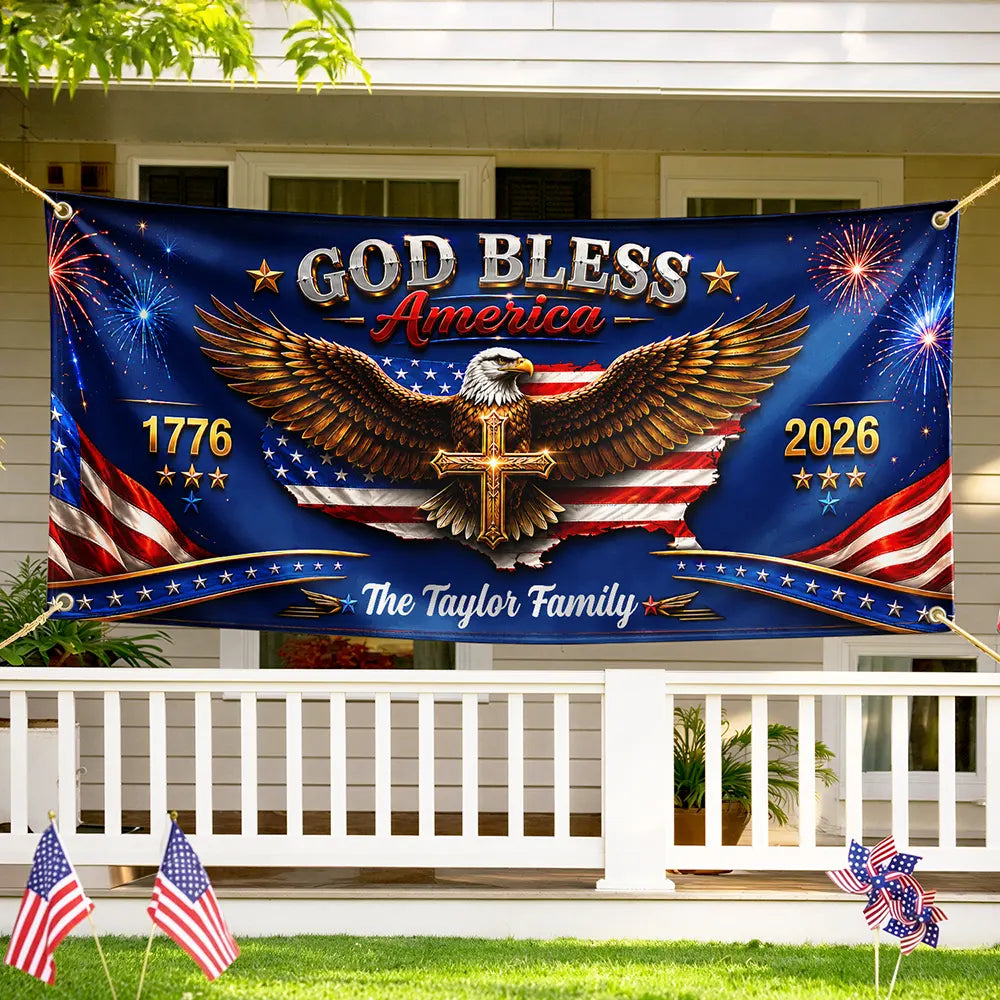 America 250th,Independence Day,Family,Proud,Custom Text - God Bless America - Personalized Horizontal Banner