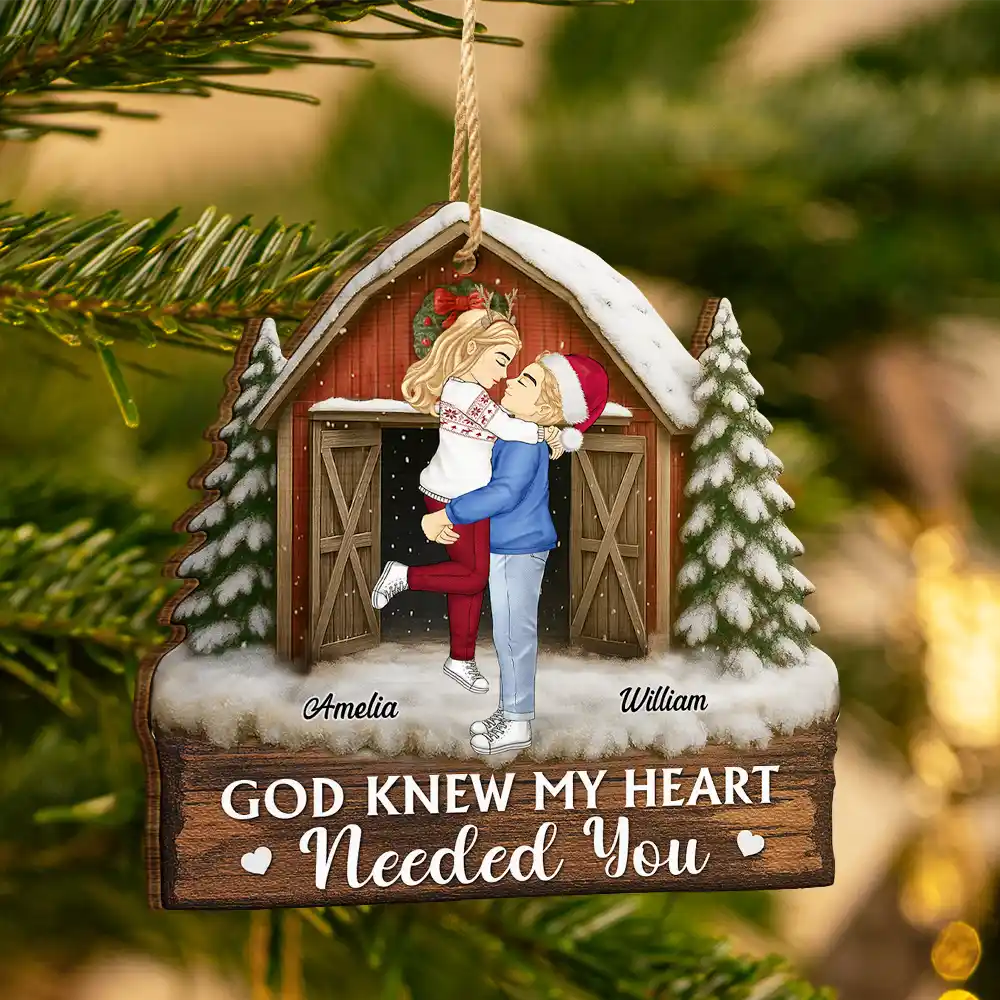 Christmas,Gift For Couples,Gift For Husband,Gift For Wife,Gift For Boyfriend,Happy - God Gave Me You Couple Red Barn - Personalized Custom Shaped Wooden Ornament