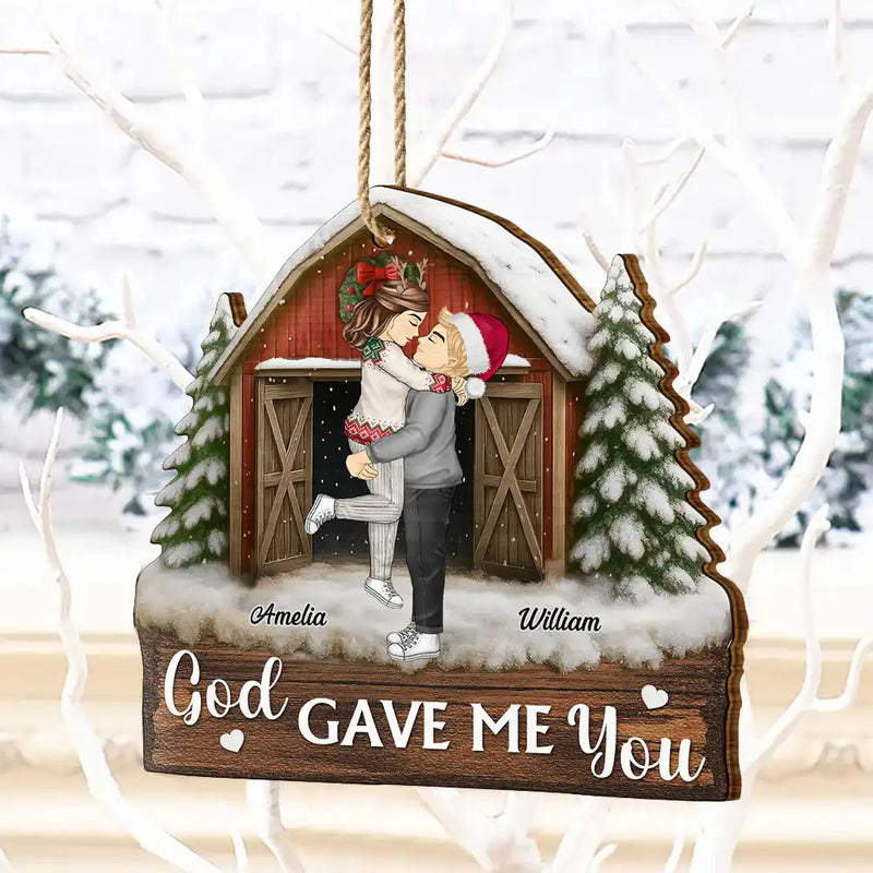 Christmas,Gift For Couples,Gift For Husband,Gift For Wife,Gift For Boyfriend,Happy - God Gave Me You Couple Red Barn - Personalized Custom Shaped Wooden Ornament