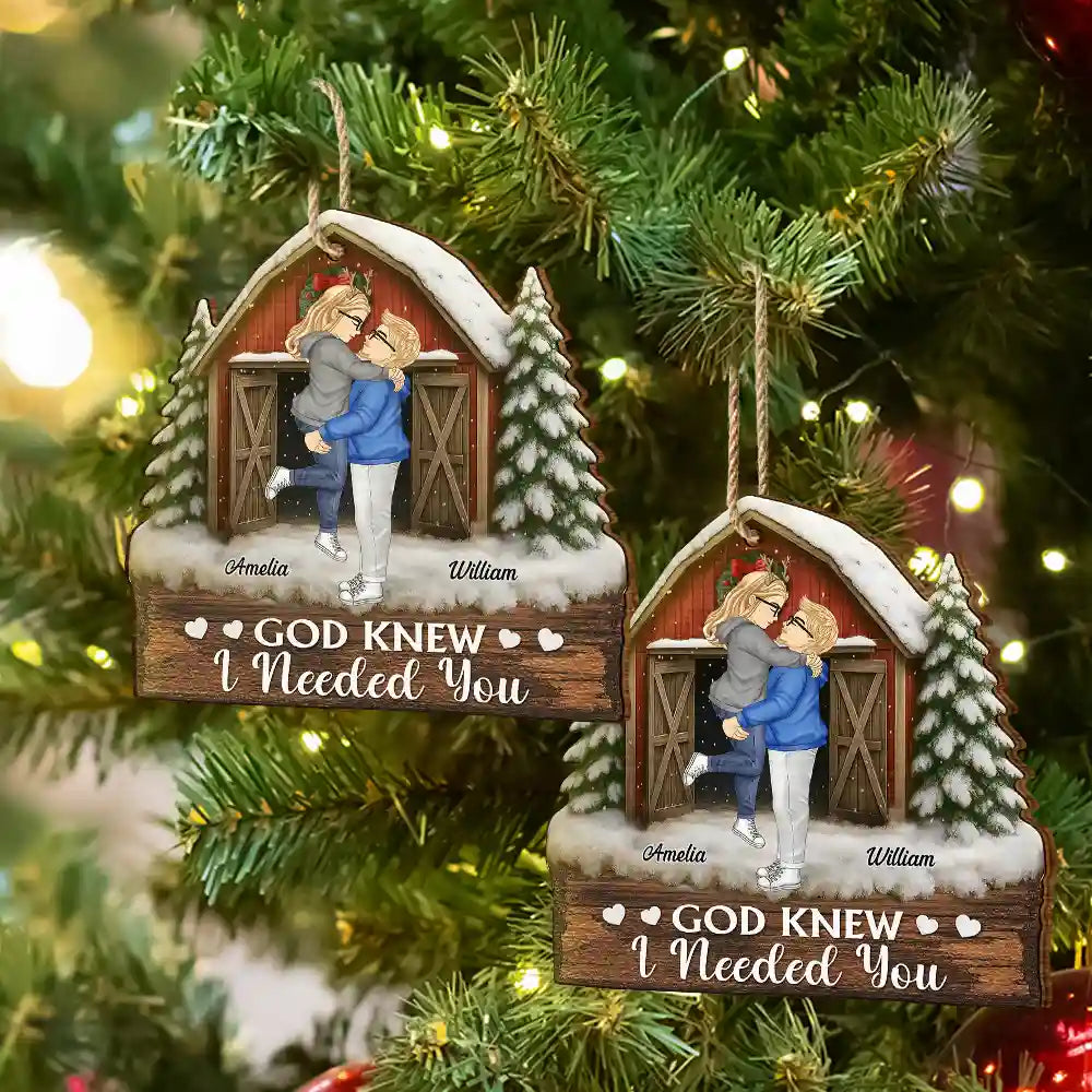 Christmas,Gift For Couples,Gift For Husband,Gift For Wife,Gift For Boyfriend,Happy - God Gave Me You Couple Red Barn - Personalized Custom Shaped Wooden Ornament