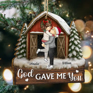 Christmas,Gift For Couples,Gift For Husband,Gift For Wife,Gift For Boyfriend,Happy - God Gave Me You Couple Red Barn - Personalized Custom Shaped Wooden Ornament