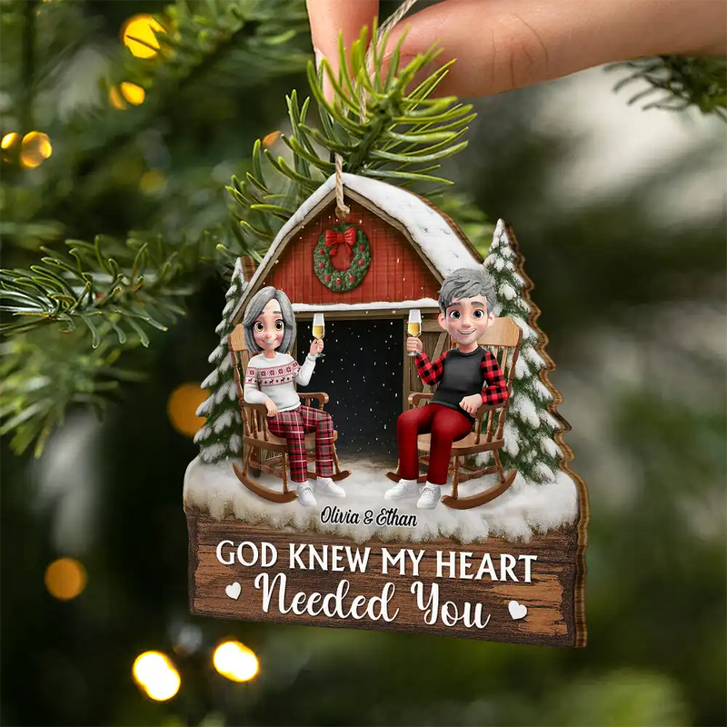 Christmas, Gift For Couples, Gift For Husband, Gift For Wife, Gift For Boyfriend, Gift For Girlfriend, Happy - God Gave Me You Couple Red Barn Couple Sitting - Personalized Custom Shaped Wooden Ornament