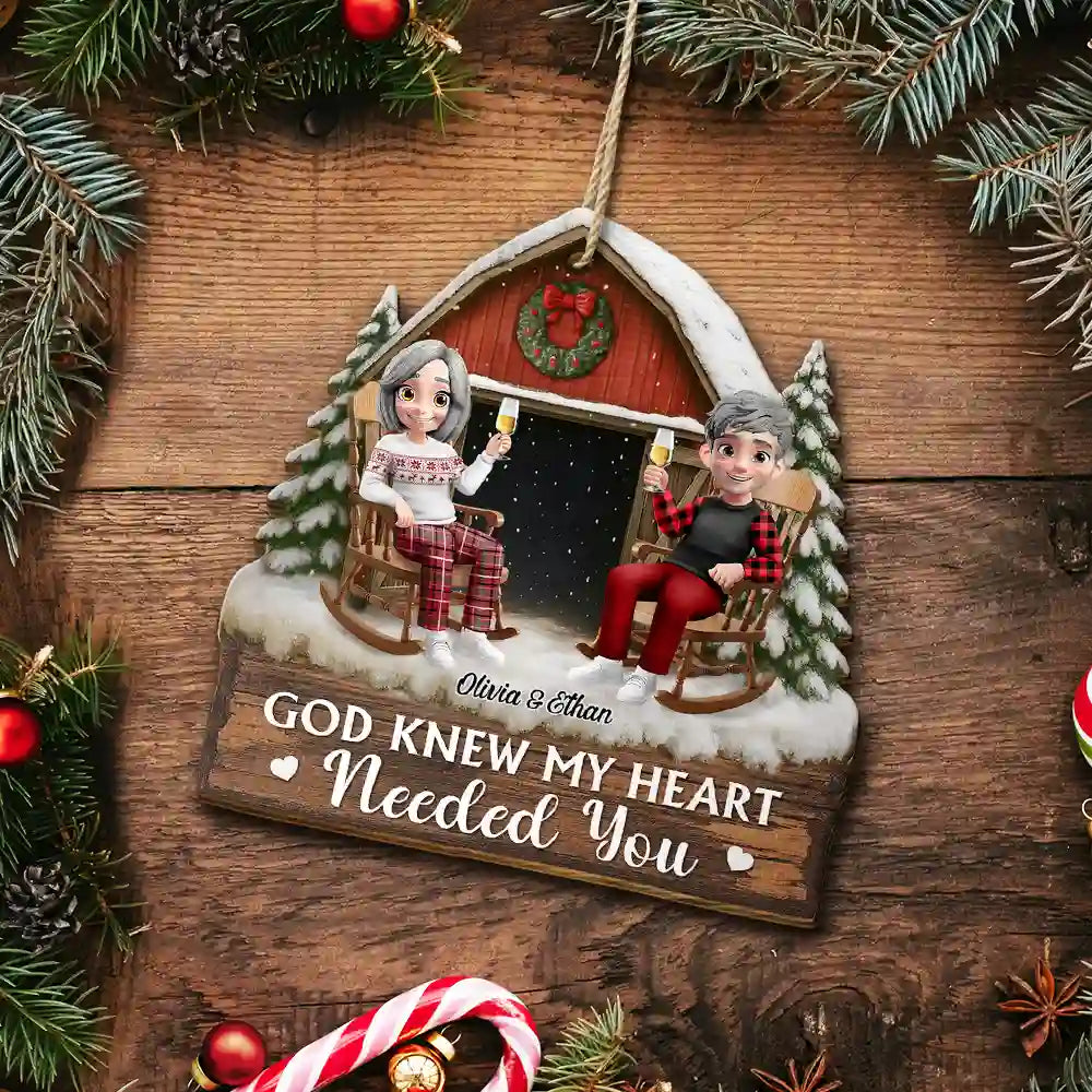 Christmas, Gift For Couples, Gift For Husband, Gift For Wife, Gift For Boyfriend, Gift For Girlfriend, Happy - God Gave Me You Couple Red Barn Couple Sitting - Personalized Custom Shaped Wooden Ornament