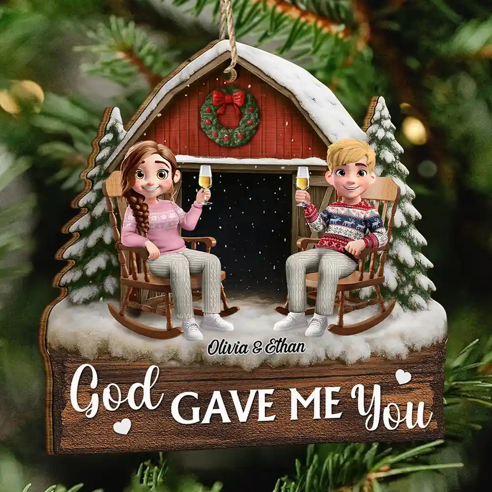 Christmas, Gift For Couples, Gift For Husband, Gift For Wife, Gift For Boyfriend, Gift For Girlfriend, Happy - God Gave Me You Couple Red Barn Couple Sitting - Personalized Custom Shaped Wooden Ornament
