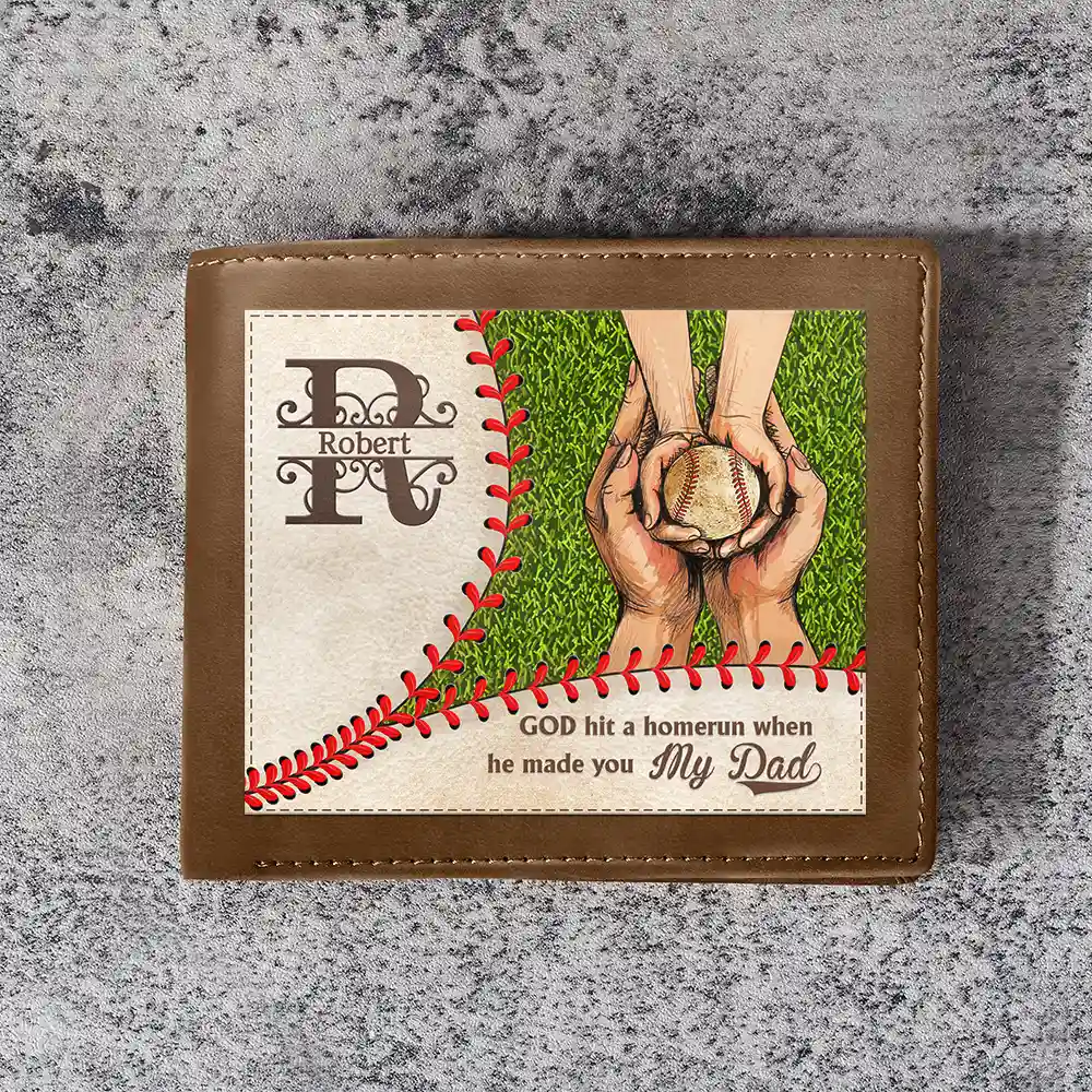 Gift For Men,Gift For Father,Dad - Sons,Sport Dad,Baseball,Happy - God Hit A Homerun - Personalized Leather Wallet