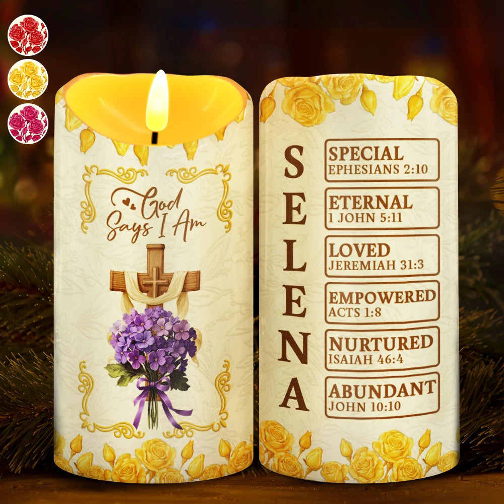 God Says I Am 3D Effect Flower Border - Personalized Flameless LED Candle