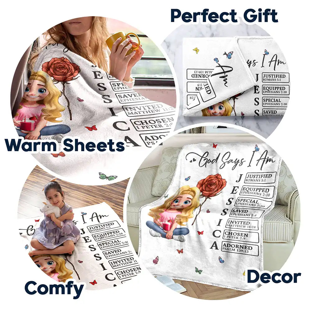 Gift For Yourself, Gift For Women, Happy - God Says I Am Bible Blanket - Personalized Fleece Blanket, Sherpa Blanket