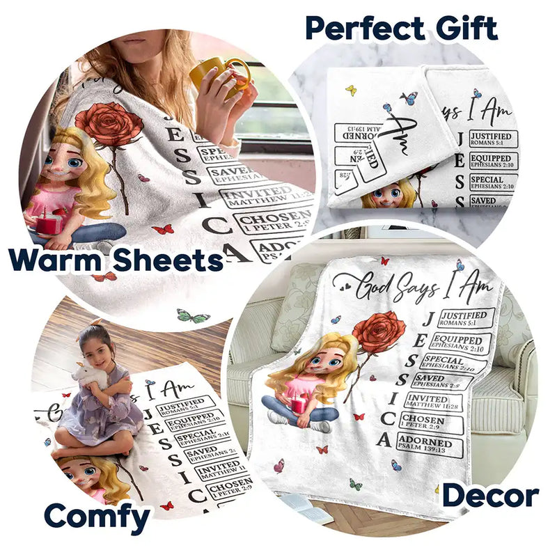 Gift For Yourself, Gift For Women, Happy - God Says I Am Bible Blanket - Personalized Fleece Blanket, Sherpa Blanket