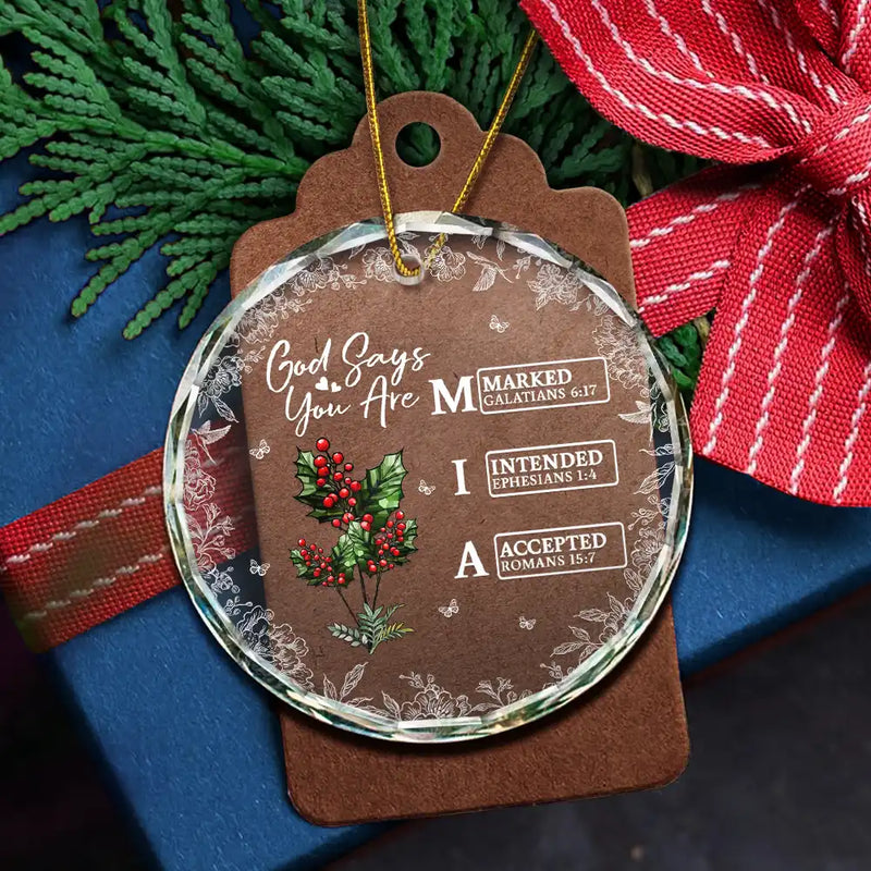 Gift For Yourself, Gift For Women, Happy, Christmas, Christian - God Says I Am Name Letter In Bible - Personalized Circle Glass Ornament