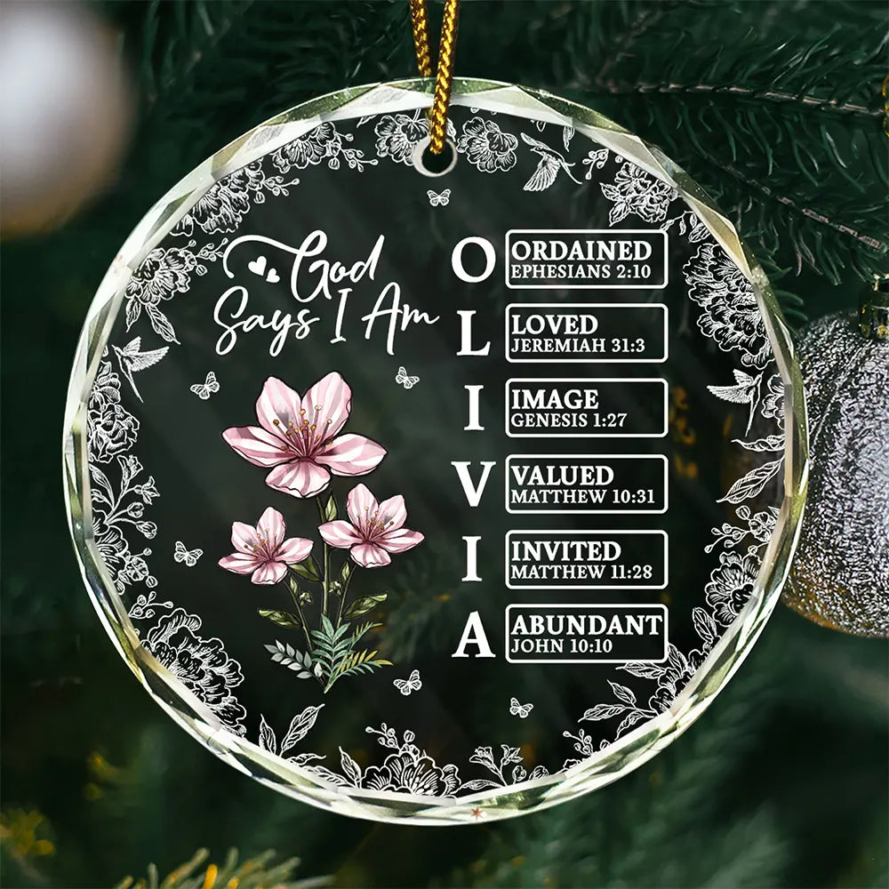 Gift For Yourself, Gift For Women, Happy, Christmas, Christian - God Says I Am Name Letter In Bible - Personalized Circle Glass Ornament
