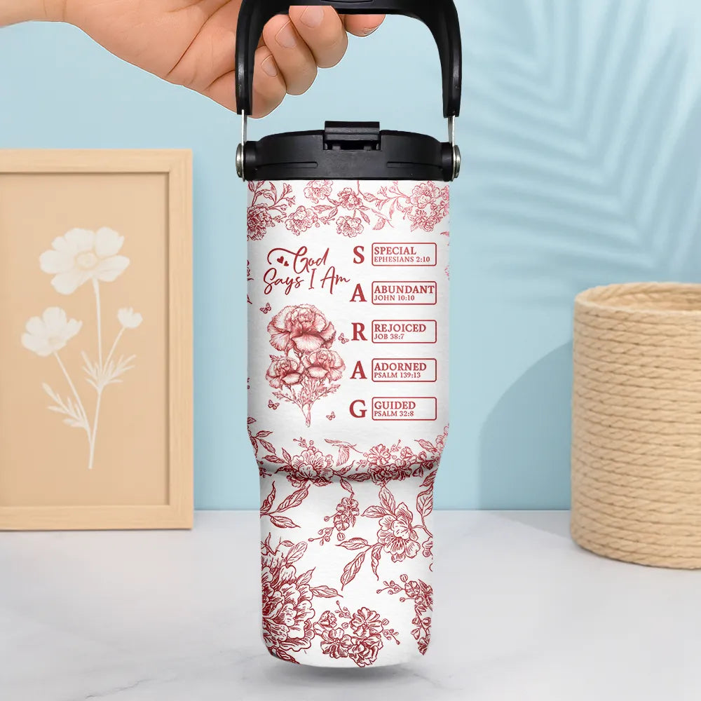 Gift For Yourself, Gift For Women, Happy - God Says I Am Toile De Jouy Flower - Personalized 30oz Tumbler With Handle