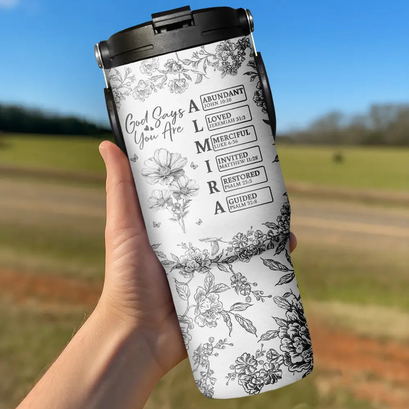 Gift For Yourself, Gift For Women, Happy - God Says I Am Toile De Jouy Flower - Personalized 30oz Tumbler With Handle