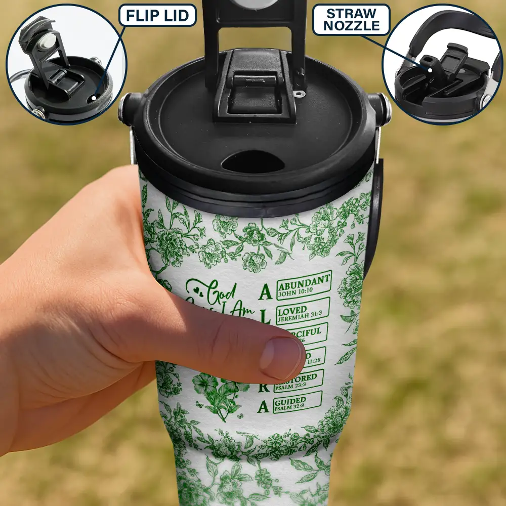 Gift For Yourself, Gift For Women, Happy - God Says I Am Toile De Jouy Flower - Personalized 30oz Tumbler With Handle