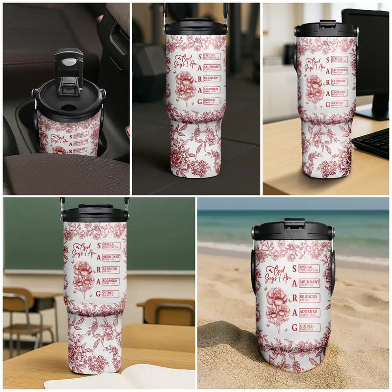 Gift For Yourself, Gift For Women, Happy - God Says I Am Toile De Jouy Flower - Personalized 30oz Tumbler With Handle