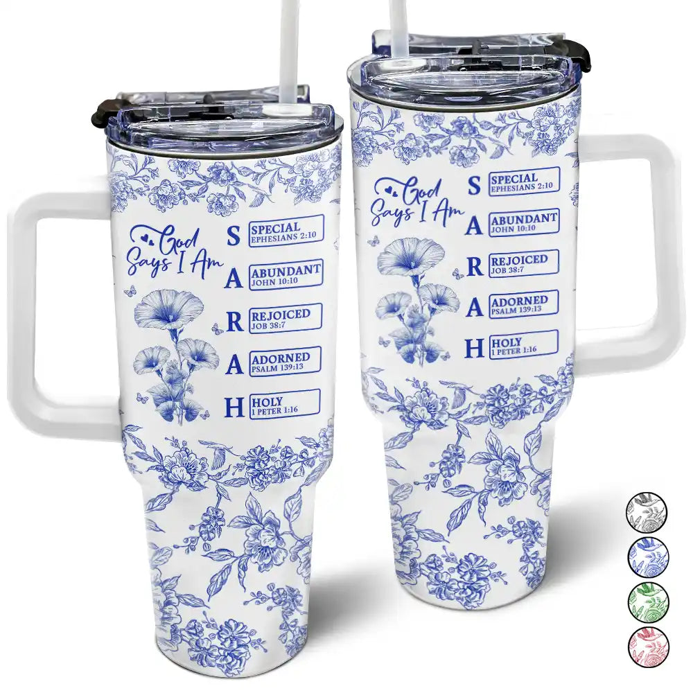 God Says I Am Toile De Jouy Flower - Personalized 40oz Tumbler With Straw
