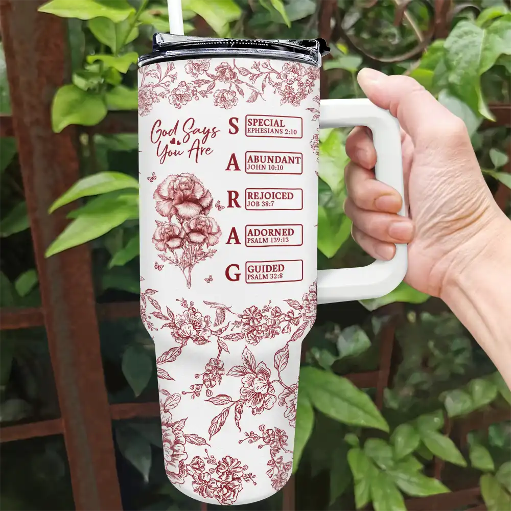 Gift For Yourself, Gift For Women, Happy - God Says I Am Toile De Jouy Flower - Personalized 40oz Tumbler With Straw