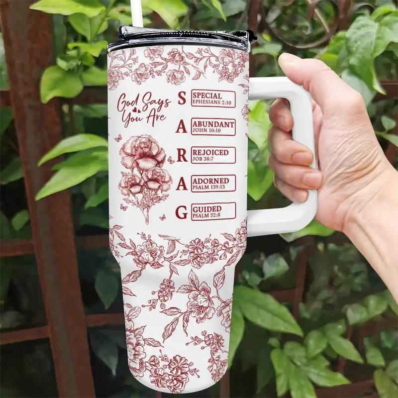 Gift For Yourself, Gift For Women, Happy - God Says I Am Toile De Jouy Flower - Personalized 40oz Tumbler With Straw
