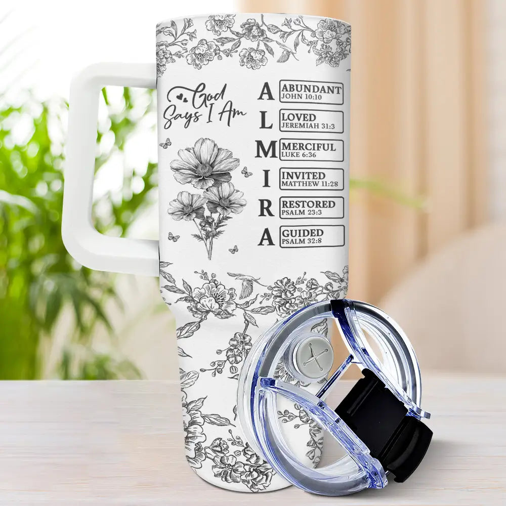 Gift For Yourself, Gift For Women, Happy - God Says I Am Toile De Jouy Flower - Personalized 40oz Tumbler With Straw