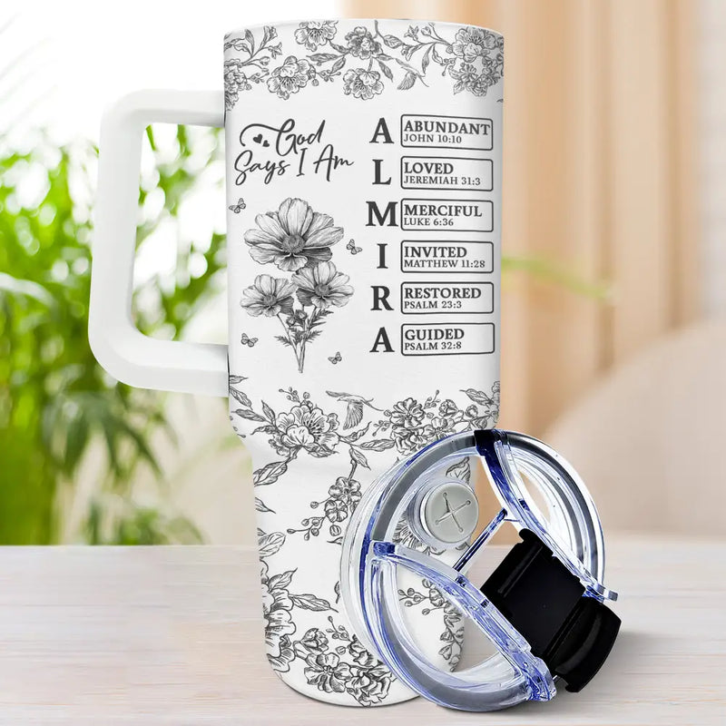 Gift For Yourself, Gift For Women, Happy - God Says I Am Toile De Jouy Flower - Personalized 40oz Tumbler With Straw