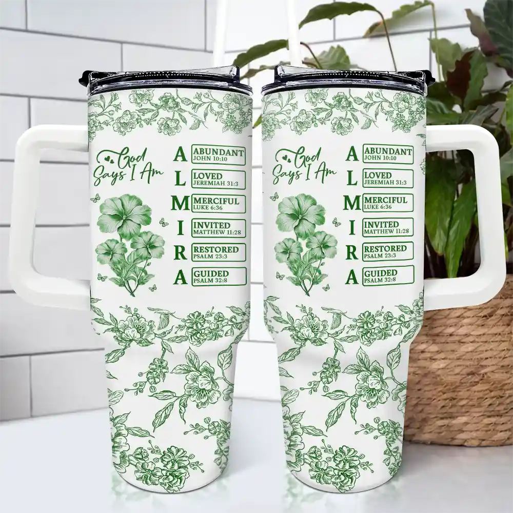 Gift For Yourself, Gift For Women, Happy - God Says I Am Toile De Jouy Flower - Personalized 40oz Tumbler With Straw