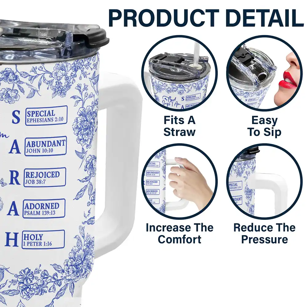 Gift For Yourself, Gift For Women, Happy - God Says I Am Toile De Jouy Flower - Personalized 40oz Tumbler With Straw