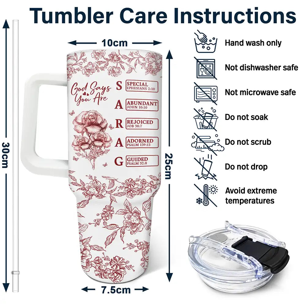 Gift For Yourself, Gift For Women, Happy - God Says I Am Toile De Jouy Flower - Personalized 40oz Tumbler With Straw