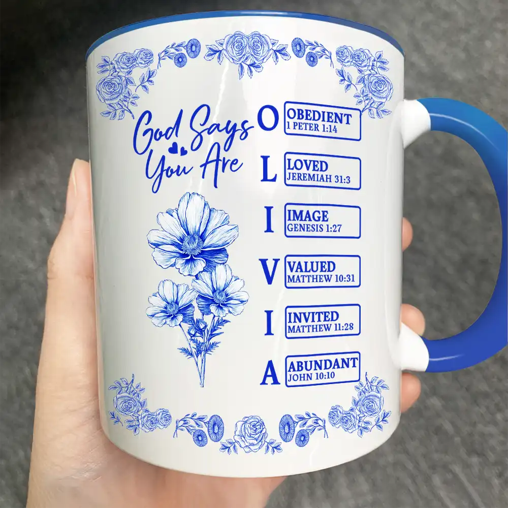 Gift For Yourself, Gift For Women, Christmas, Happy, Christian - God Says I Am Toile De Jouy Flower - Personalized Accent Mug