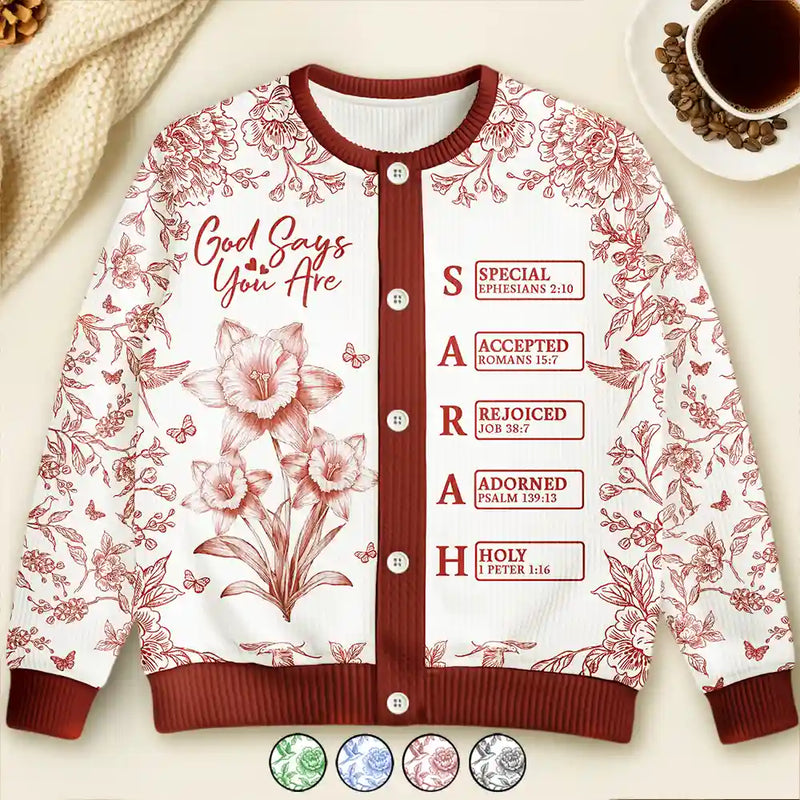 Gift For Yourself,Gift For Women,Christmas,Happy,Christian - God Says I Am Toile De Jouy Flower - Personalized Cardigan