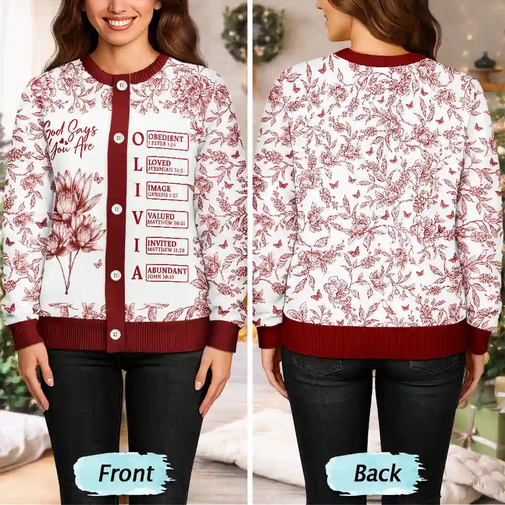 Gift For Yourself,Gift For Women,Christmas,Happy,Christian - God Says I Am Toile De Jouy Flower - Personalized Cardigan