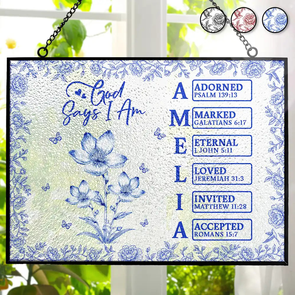 Gift For Yourself, Gift For Women, Happy - God Says I Am Toile De Jouy Flower - Personalized Horizontal Stained Glass Suncatcher
